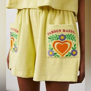 Damson Madder Embroidered Mini Towelling Shorts Pockets Yellow